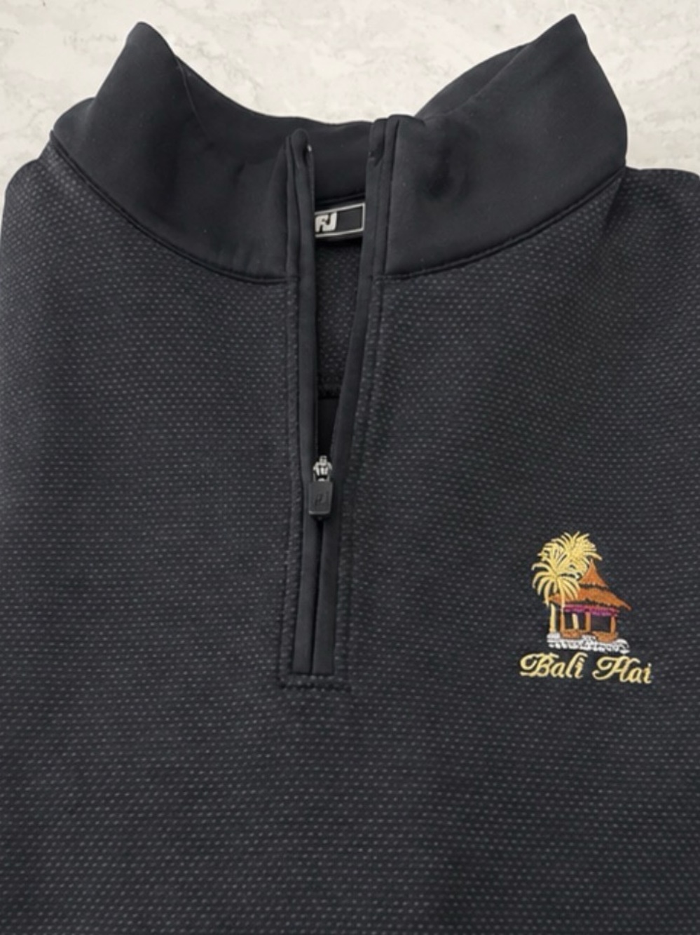 Foot Joy: Black Half-Zip Pullover with Bali Hai Embroidery Sz: M